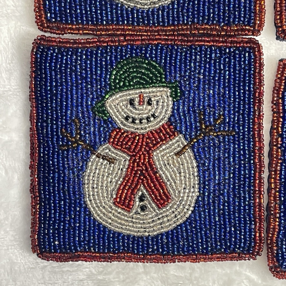 Crate & Barrel Beaded Snowman Coasters Silk Set of Four Christmas Winter Table